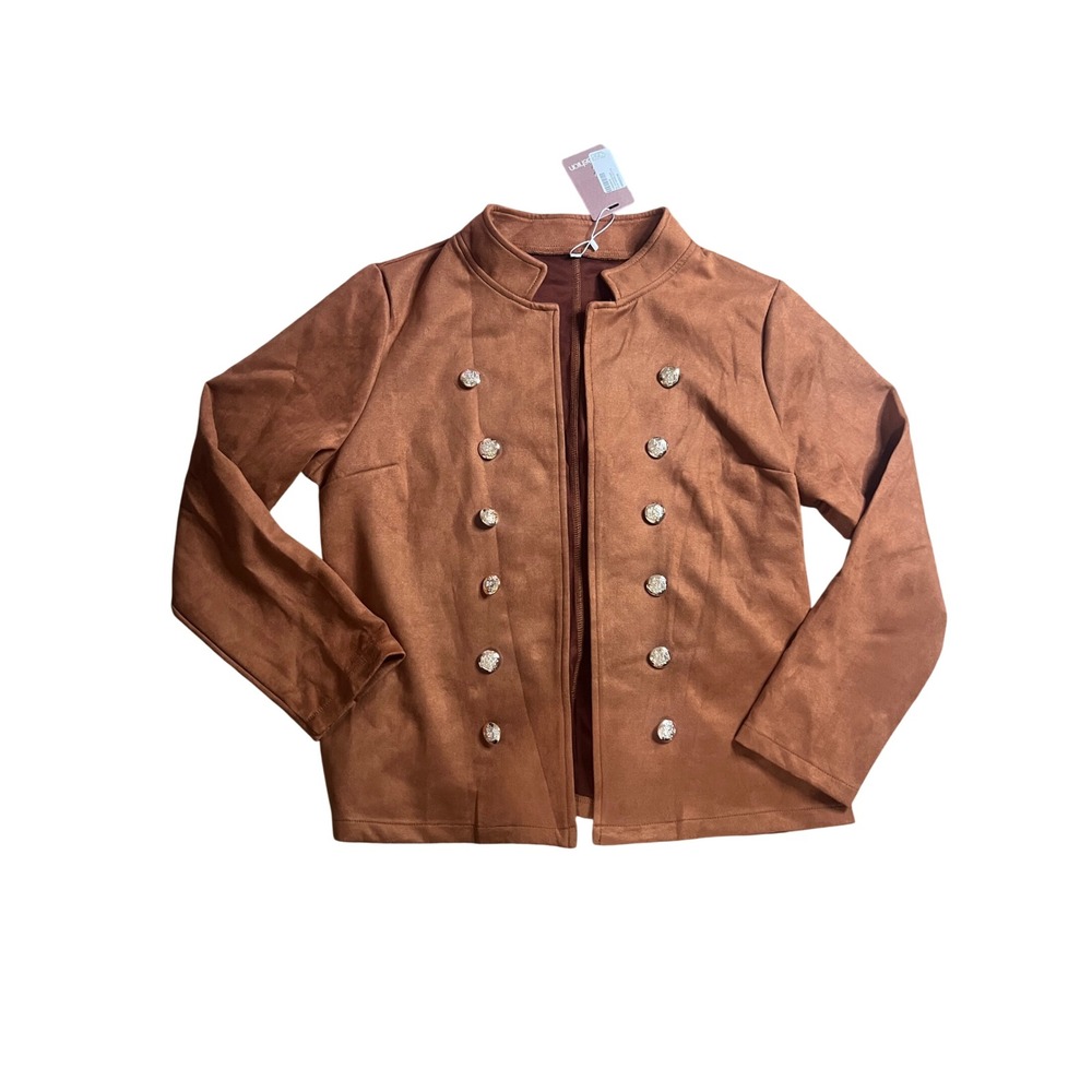 New Women Faux Suede Military Jacket Cognac Brown Silver Button Blazer XXL
